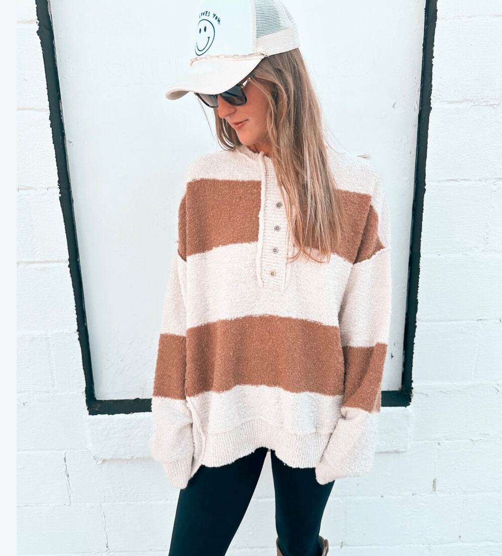 Fantastic Fawn Oversized Cream Camel Brown Striped Teddy Henley Sweater-Size S